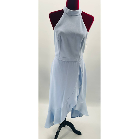 AQUA SZ 10 Blue Hi Low Ruffled Midi Halter Faux Wrap  Dress NWT$238 B91 - Picture 2 of 8